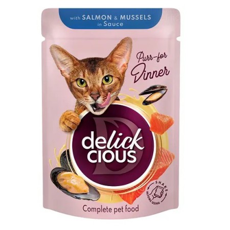 Delickcious Salmon & Mussels in Sauce вологий корм для котів шматочки з лососем та мідіями в соусі 85 г