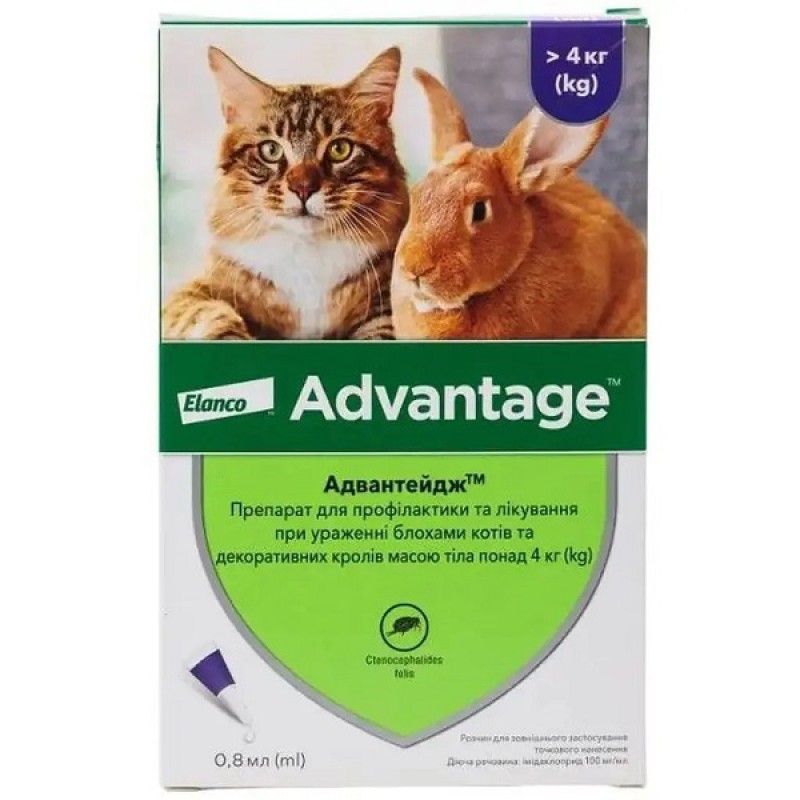 Краплі Elanco (Bayer) Advantage від бліх для кішок та кроликів від 4 до 8 кг 0.8 мл 1 піпетка