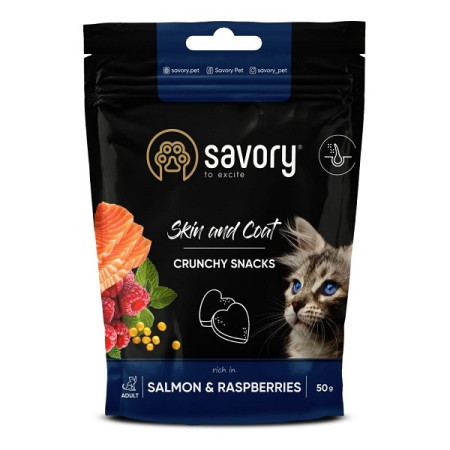 Хрусткі ласощі Savory Skin Coat Salmon and Raspberries для котів для здоров'я шкіри та вовни, лосось та малина 50 г